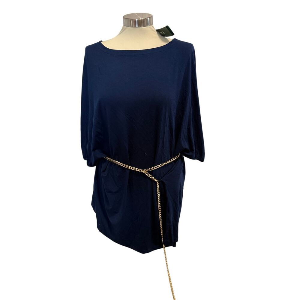 Ralph Lauren Navy Blue Dolman Tunic Top Gold Chain Belt 3X NWT Designer Elegant